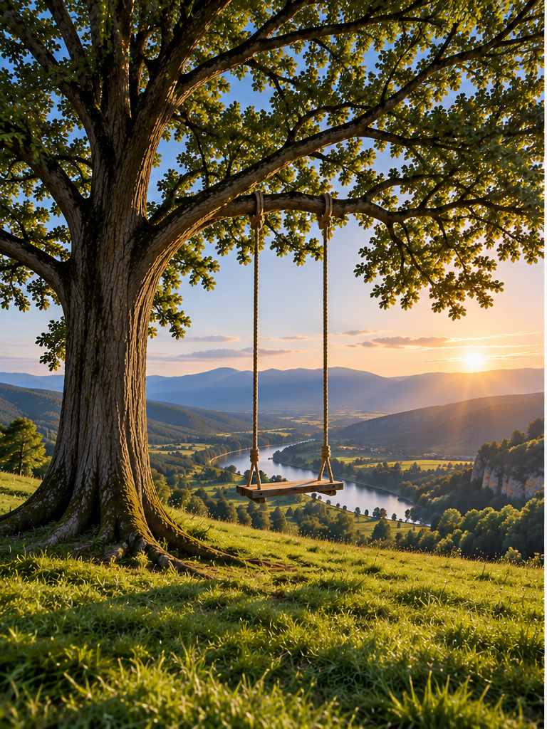 Un bel arbre et une balançoire en place.